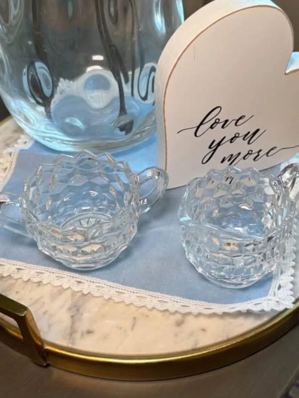 Vintage Diamond Cut Glass Creamer and Sugar Bowl Set